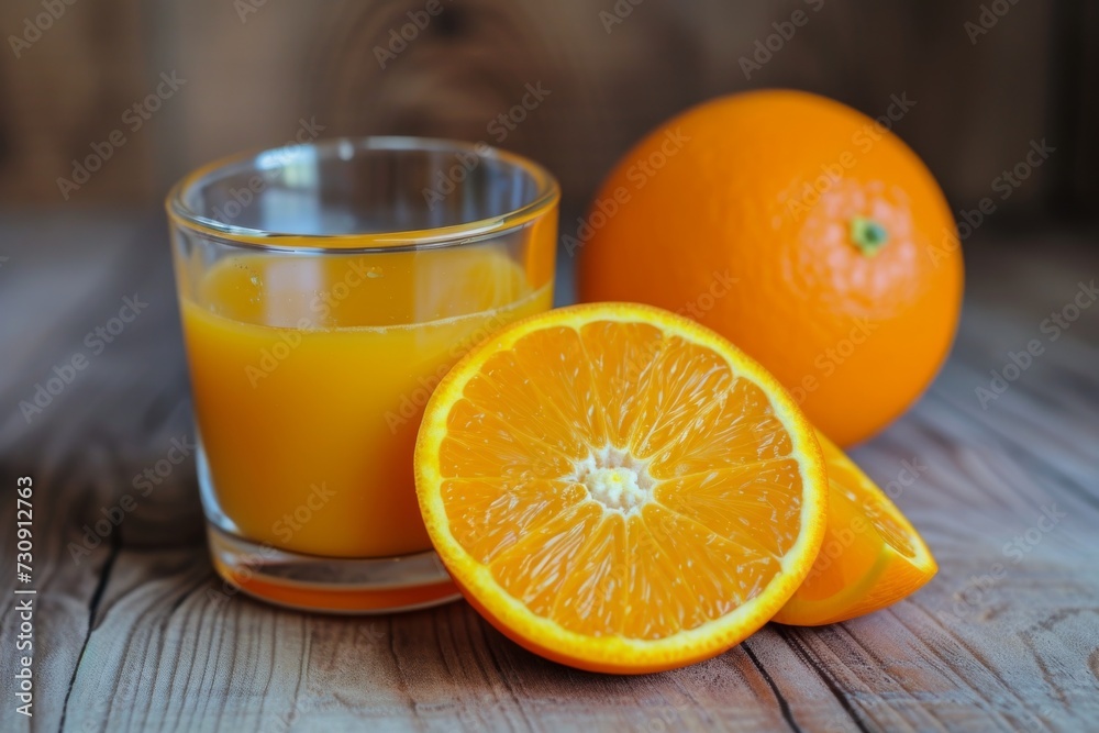 Freshly squeezed orange juice in a glass with a slice of orange Freshly squeezed orange juice in a glass with a slice of orange