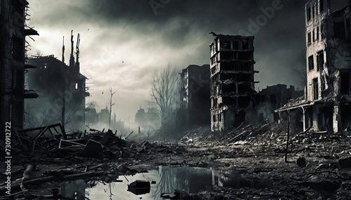 The world after apocalypse, destroyed buildings, toxic atmosphere