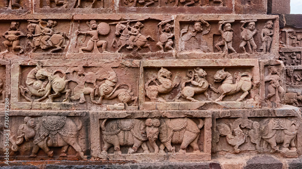 Carving Panels of Warriors, Elephants and Yali's on the Mahadeva Temple of Deobaloda, the Nagara Style Temple, built by Kalachuris in 14th Century, Raipur, Chhattisgarh, India...