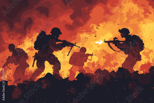 Intense Battlefield Scene, Soldiers in Combat, Military Strategy and Tactics, War and Conflict Concept, Troops Engaging in Firefight.