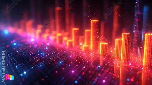 An abstract background inspired by the visual representation of sound waves and audio spectrums. Visualize colorful, dynamic lines and bars that fluctuate and dance against a dark background, simulati