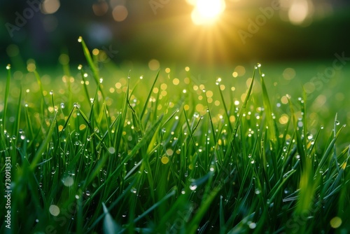 Glistening morning dew on vibrant green grass, dawn light
