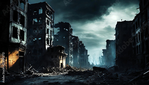 The world after apocalypse  destroyed buildings  toxic atmosphere