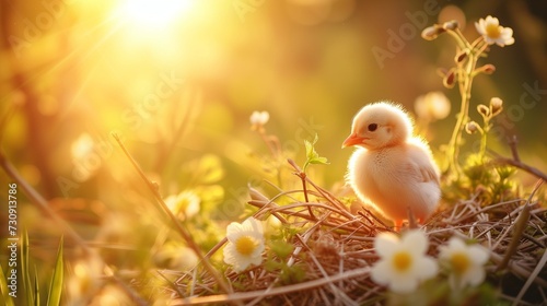 A delicate colorful spring background with a small chicken in a nest on the grass and meadow with flowers, with an empty copy space © Vadim