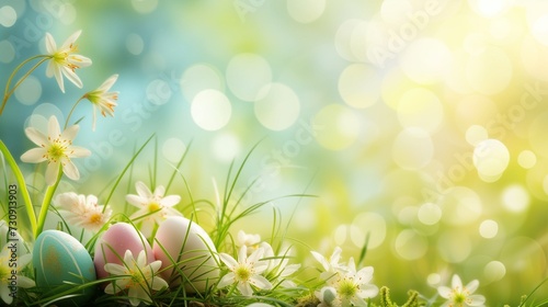 Delicate colorful Easter spring background with Easter eggs in green grass in a meadow with flowers, with an empty copy space