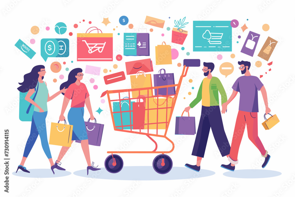Modern Shopping Experience, Consumers Making Online Purchases, E-commerce and Retail Concept, People Engaging in Mobile Shopping with Digital Cart and Payment.