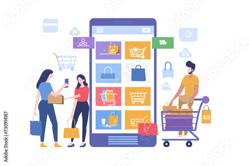 Modern Shopping Experience, Consumers Making Online Purchases, E-commerce and Retail Concept, People Engaging in Mobile Shopping with Digital Cart and Payment.