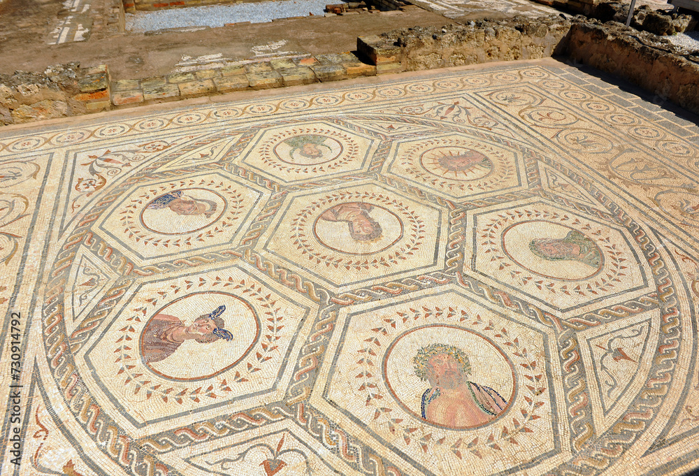 House of the Planetarium, Domus of Planetarium. Roman mosaics from the city of Italica, Santiponce, Seville, Spain. Roman cities of Hispania.