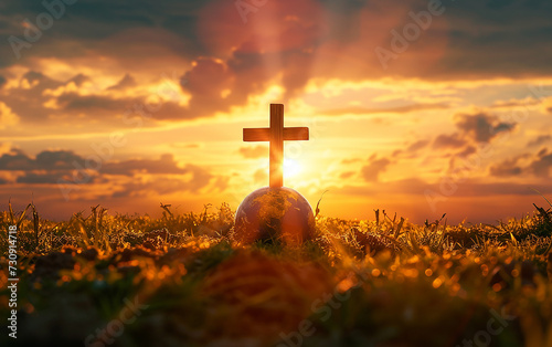 Missão religiosa global: Espalhando a palavra. Cruz de Jesus Cristo com globo photo