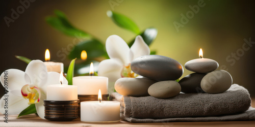 Spa Flower Candle Care  Aromatherapy Massage with Orchid and Stone  a Serene Wellness Zen in Green Background.