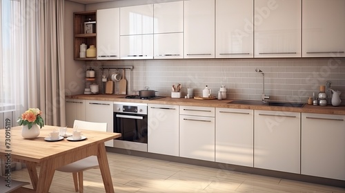 Modern kitchen interior with kitchenware, parquet floor, white facades, beige ceramic tiles on wall .