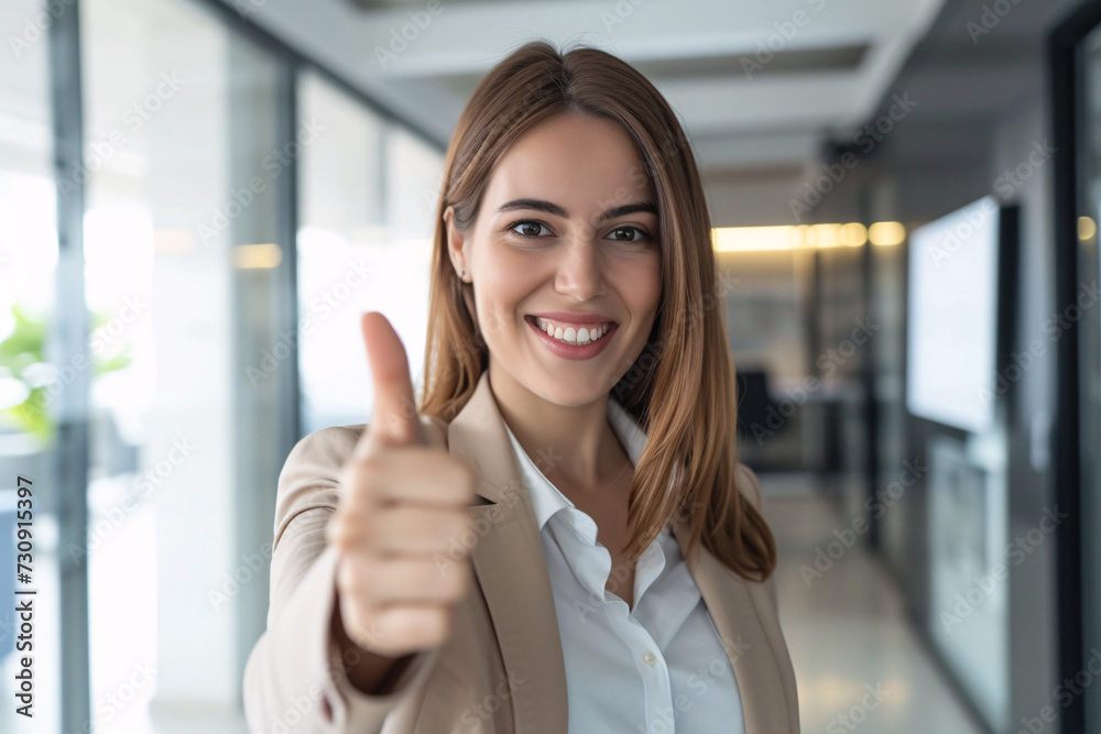 Portrait of smiling woman and manager of a company with thumbs up. Good news.