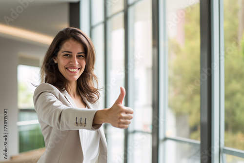 Portrait of smiling woman and manager of a company with thumbs up. Good news.