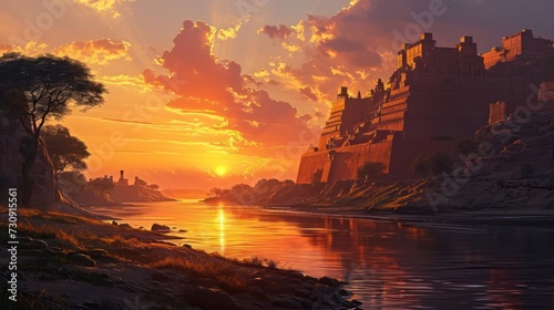 Ancient Mesopotamian river landscape at sunset depicting ziggurats and riverside scenes in the warm glow