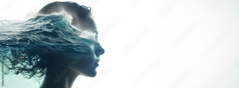 Profile of woman head with ocean side, symbolizing mental health, the mind and meditation, with space for text