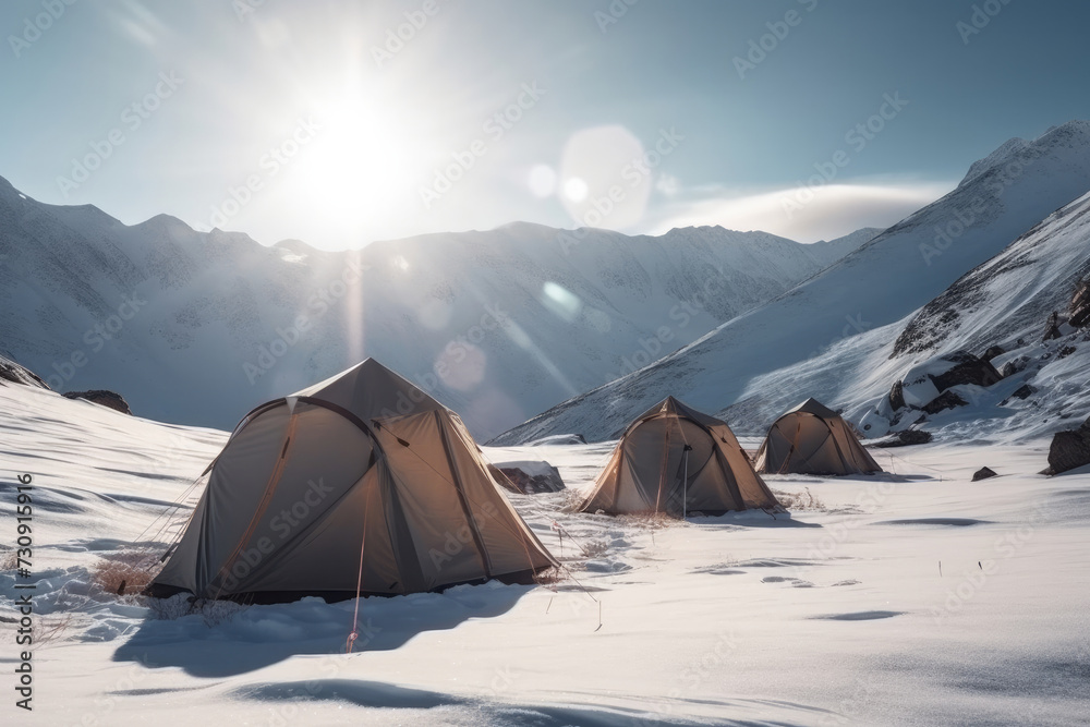 Camping tent in snowy mountains