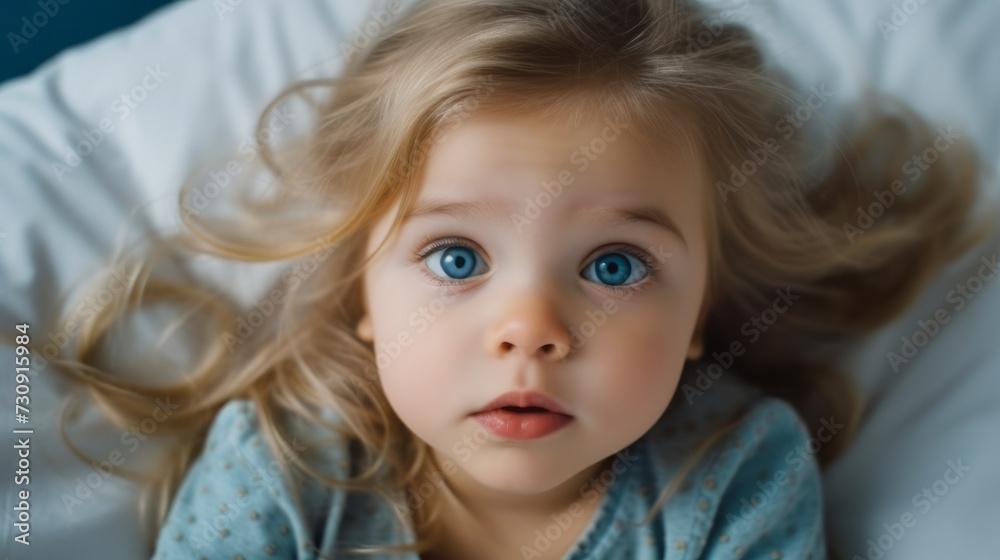 Portrait of happy cute little girl with blue eyes lying in bed. Cute little girl lying in bed and looking at the camera. Portrait of beautiful little female child with big eyes lying on bed at home. Portrait of happy cute little girl with blue eyes lying in bed. Cute little girl lying in bed and looking at the camera. Portrait of beautiful little female child with big eyes lying on bed at home.