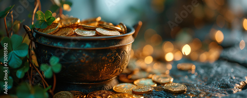 A pot brimming with golden treasures, cradled by lush green clovers, evoking the spirit of luck and prosperity for St. Patrick's Day celebrations