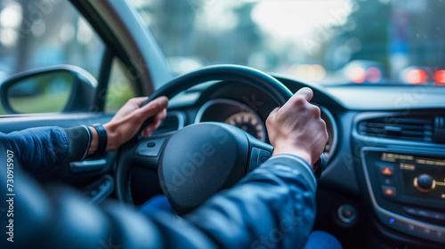 両手がハンドルを握りながら運転するイメージ。安全運転。 © Imaging L
