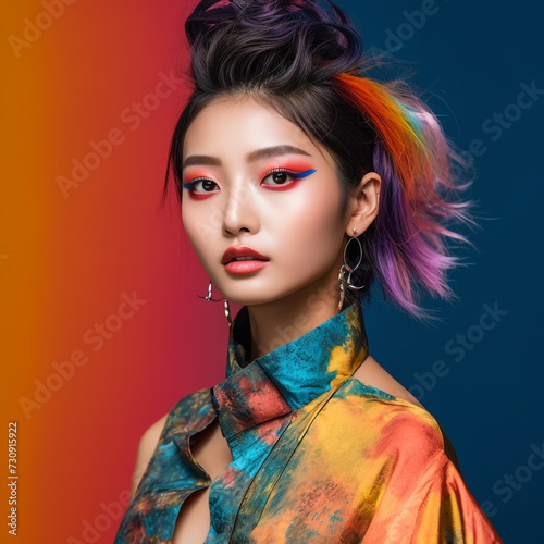 Portrait of beautiful asian girl with long hair and bright makeup, strands dyed in colorful colors. Beautiful young japanese girl with bright makeup and colorful clothes. Asian beauty. AI generated
