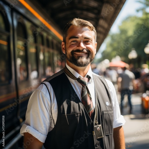 Portrait of a smiling white adult man in the role of a conductor or train controller in a train station. Happy  worker middle-aged man on the railway industry standing on the station platform