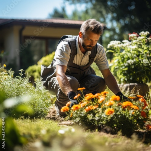 Gardener planting flowers in the garden. Gardening concept. Gardening. Handsome adult man working in the garden. © Valua Vitaly