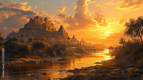 Ancient Mesopotamian river landscape at sunset, depicting ziggurats and riverside scenes in the warm glow