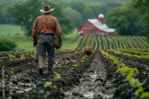 A farmer walking in his green field