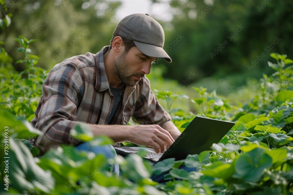 In a lush green field, an agronomist consults real-time crop analytics on a laptop, utilizing satellite imagery to ensure optimal agricultural productivity
