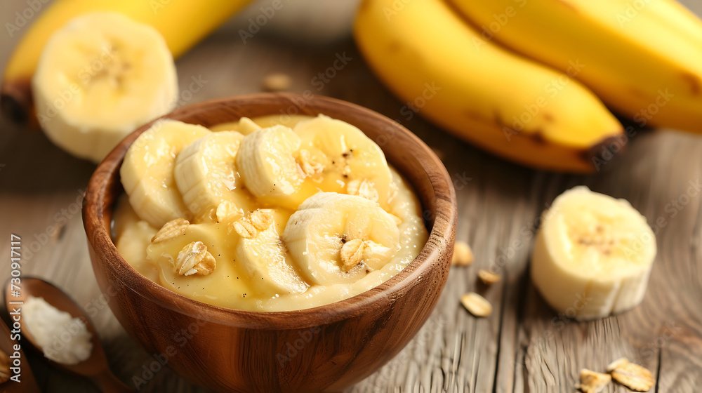 Creamy Banana Pudding with Sliced Bananas and Oat Flakes in Wooden Bowl Creamy Banana Pudding with Sliced Bananas and Oat Flakes in Wooden Bowl