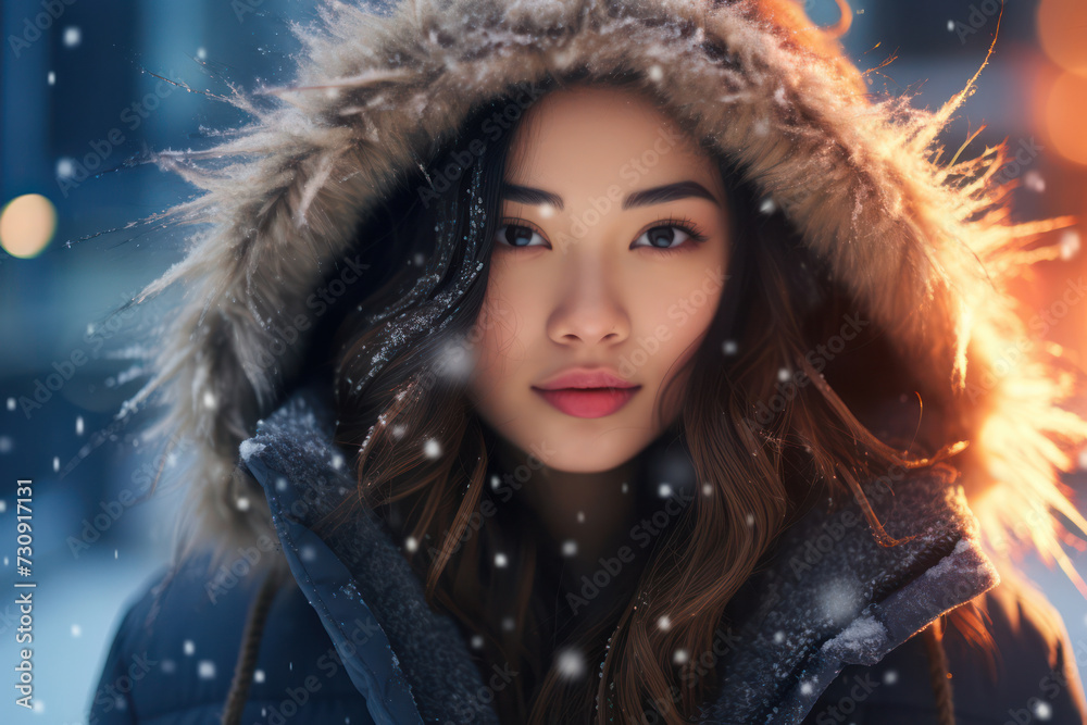 Snowy Winter Beauty: Happy Caucasian Female Portrait in White Fashion Hat, Smiling Model in Fun Fur Hood, Enjoying Holiday Season Outdoors Snowy Winter Beauty: Happy Caucasian Female Portrait in White Fashion Hat, Smiling Model in Fun Fur Hood, Enjoying Holiday Season Outdoors