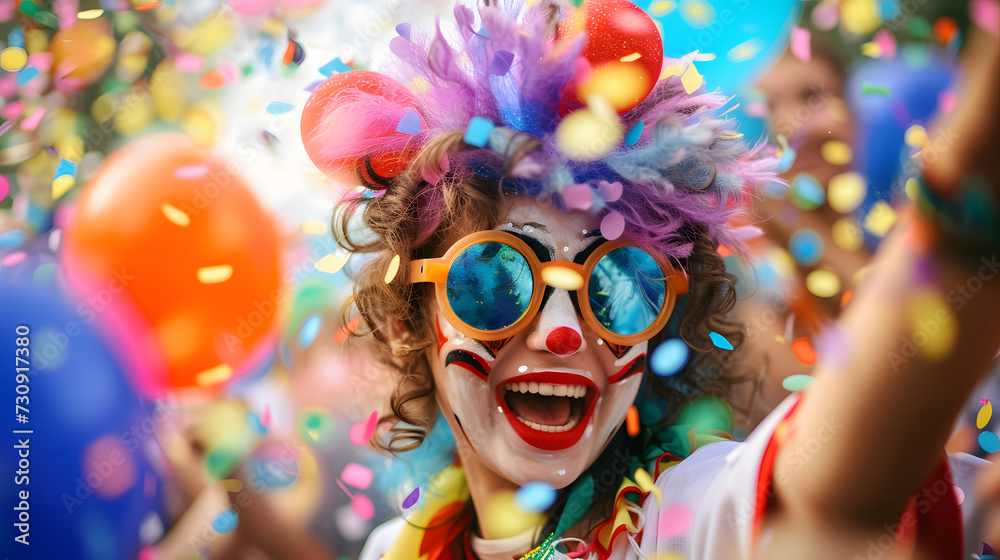 Joyful Clown with Colorful Wig and Sunglasses Celebrating with Confetti Joyful Clown with Colorful Wig and Sunglasses Celebrating with Confetti