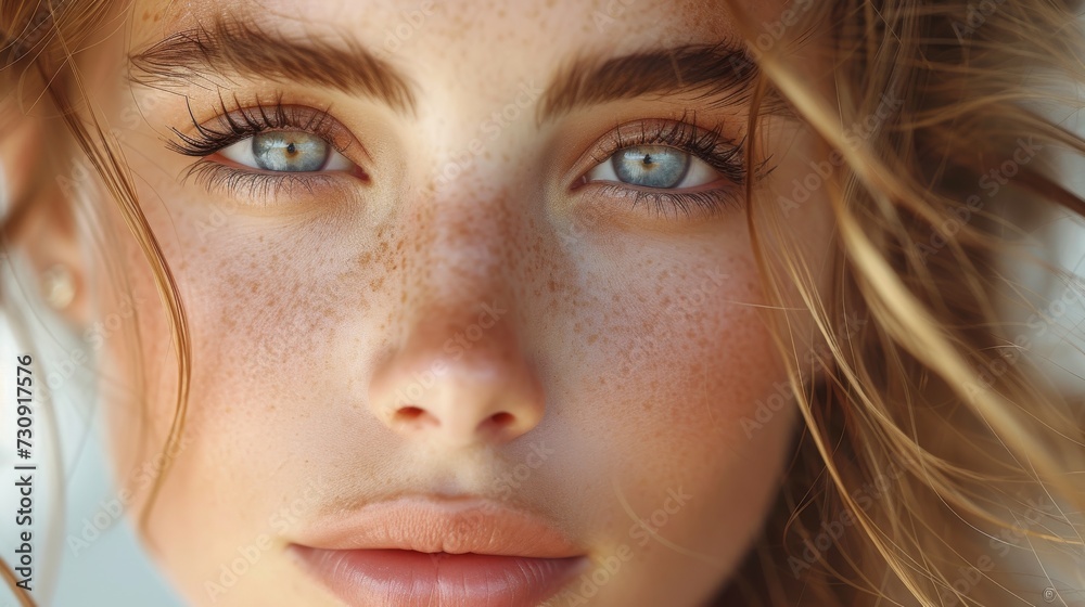 Painted Constellations: A Mesmerizing Close-Up of a Freckled-Haired Muse. Generative AI. Painted Constellations: A Mesmerizing Close-Up of a Freckled-Haired Muse. Generative AI.