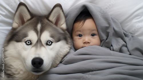 Small child lies on a bed with a dog. Dog and cute baby childhood friendship. Little boy and Dog © EltaMax99