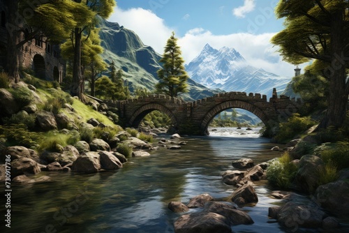 A medieval stone bridge over a peaceful river