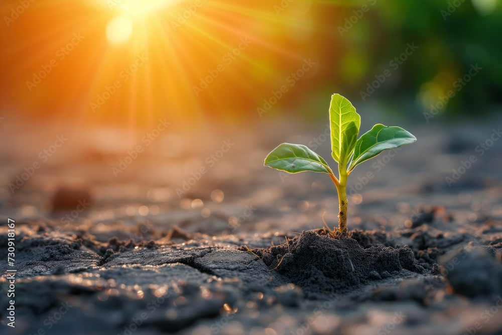 A resilient young plant emerges from cracked, dry soil, bathed in the warm glow of the sunrise, symbolizing hope and the triumph of life over adversity. A resilient young plant emerges from cracked, dry soil, bathed in the warm glow of the sunrise, symbolizing hope and the triumph of life over adversity.