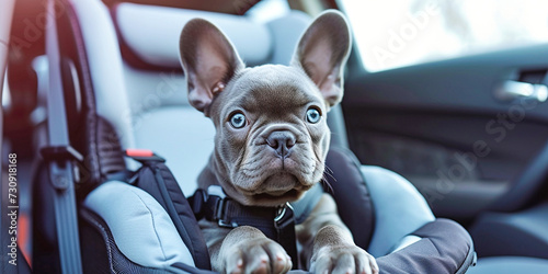 Cute gray blue-eyed French bulldog puppy sits in a car seat and looks at the camera. The dog travels fastened with a seat belt in a carrier in a car. Concept for safe transportation of animals