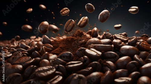 Ethereal Cascade: A Mesmerizing Dance of Falling Coffee Beans. Generative AI.