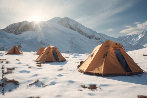 Tent near snowy mountains in winter © AI