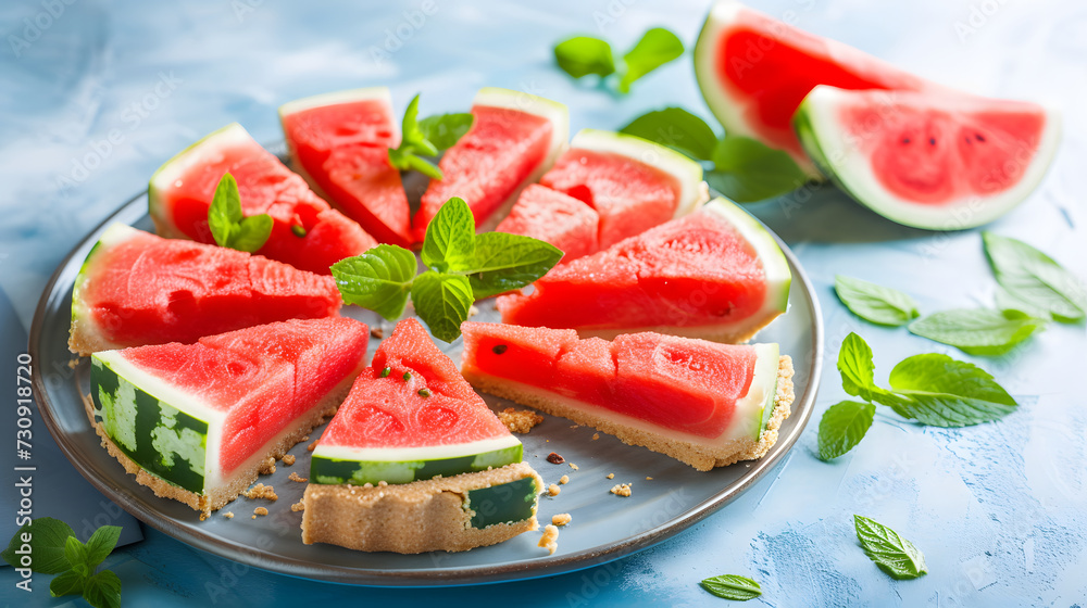 Watermelon Flavored Tart Slices on a Vibrant Blue Background with Fresh Mint