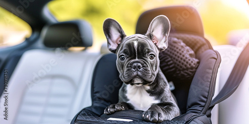 Cute gray French bulldog puppy sitting in a car seat and looking at the camera. The dog travels in a car seat in the back seat of a car. The concept of safe transportation of animals on the road