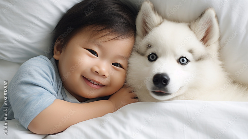 Small child lies on a bed with a dog. Dog and cute baby childhood friendship. Little boy and Dog Small child lies on a bed with a dog. Dog and cute baby childhood friendship. Little boy and Dog