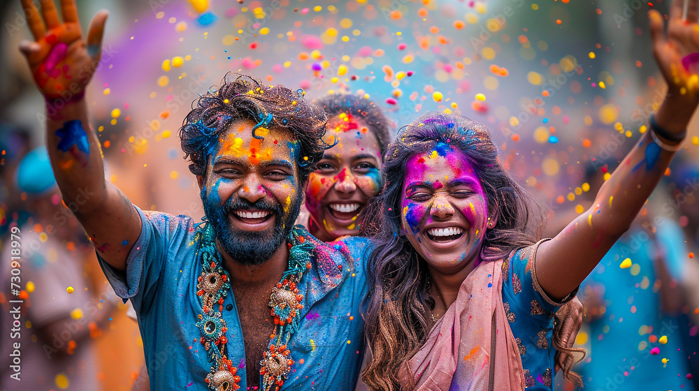 Joyful Indian group of friends in national costumes celebrate the Holi festival. Cheerful faces painted with colorful paints. Spring festival of colors - obrazy, fototapety, plakaty 