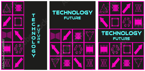 Set posters with pink nacid neon Cyberpunk Geometric element on black background. Cyber concept. Technology future banner. Vector illustration can use web social media design EPS 10 photo