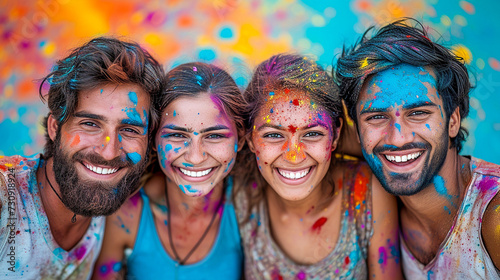 Joyful European group of four friends in smart clothes celebrate Holi festival. Cheerful faces painted with colorful paints. Spring festival of colors