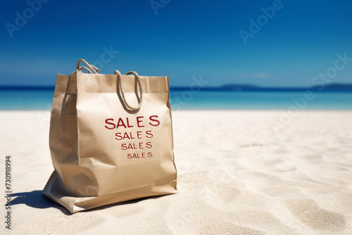 Paper bag on sandy beach