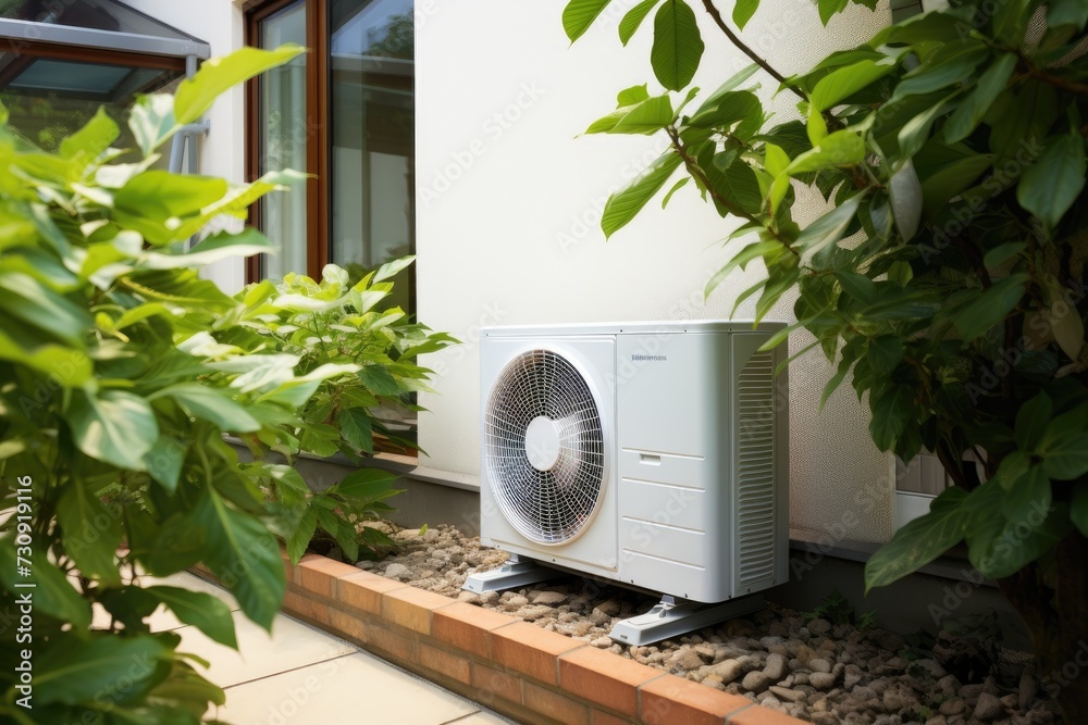 Air source heat pump installed in residential building. Air source heat pump installed in residential building.