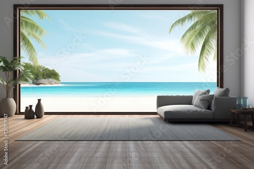 Sea view empty large living room of luxury summer beach house with wooden terrace. Minimal home interior with beach and sea view. © Lubos Chlubny