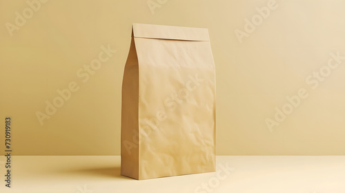 Blank Brown Paper Food Bag Mockup on Beige Background with Space for Branding