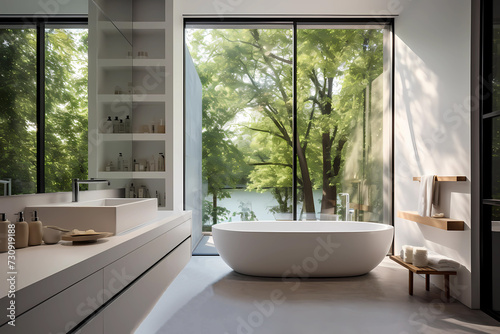 Bathroom with large white bathtub. Modern minimalist design of shower room in eco apartment. Bright hygienic room with white cabinets